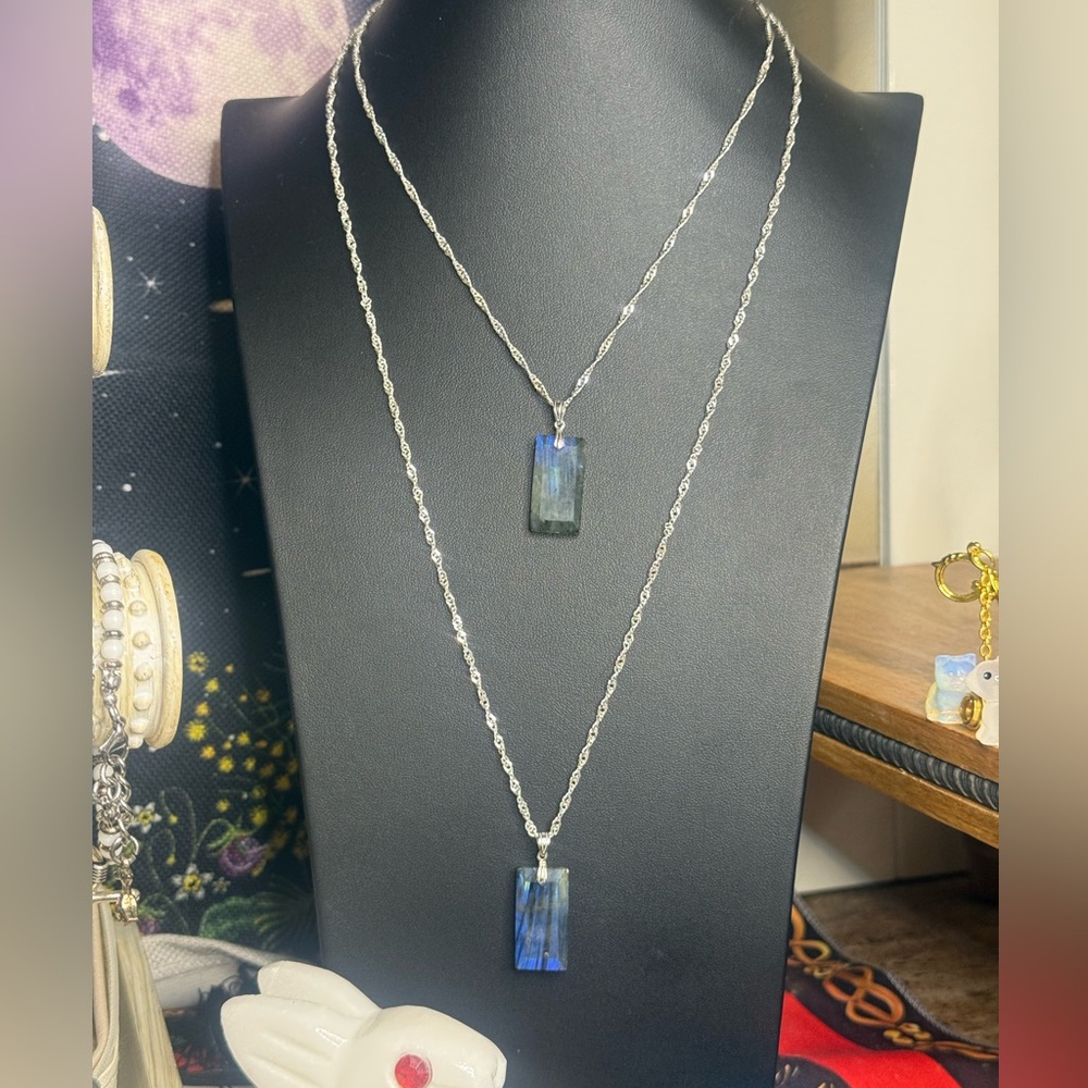925 Silver Blue Labradorite Double Layer Rectangle Pendant Necklace - Picture 6 of 6